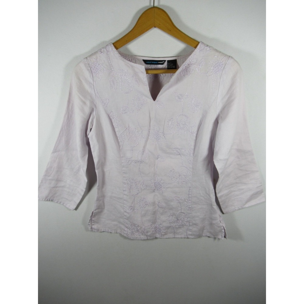 Saint Tropez West Embroidered Linen Top Women Small 3/4 Sleeve Purple Mature